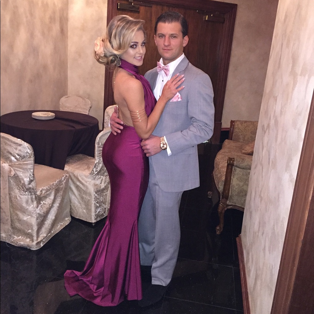 High neck, open back gown